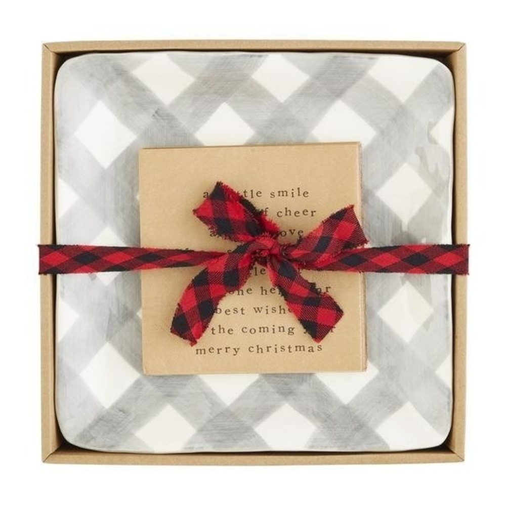 New Mud Pie holiday Gray Buffalo Plaid Cheese Plate Set in original packaging